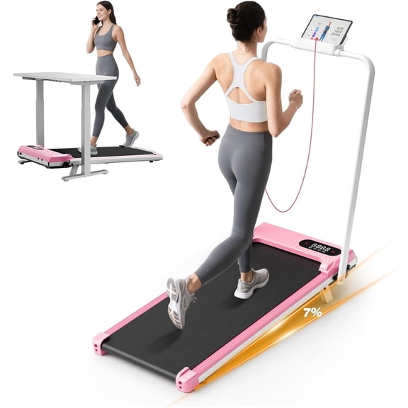 2 in 1 Foldable Treadmills with Handrails - 2.5HP Low Noise Folding Walking Pad, 35" Running Belt, Supports 265 Lbs (Pink)