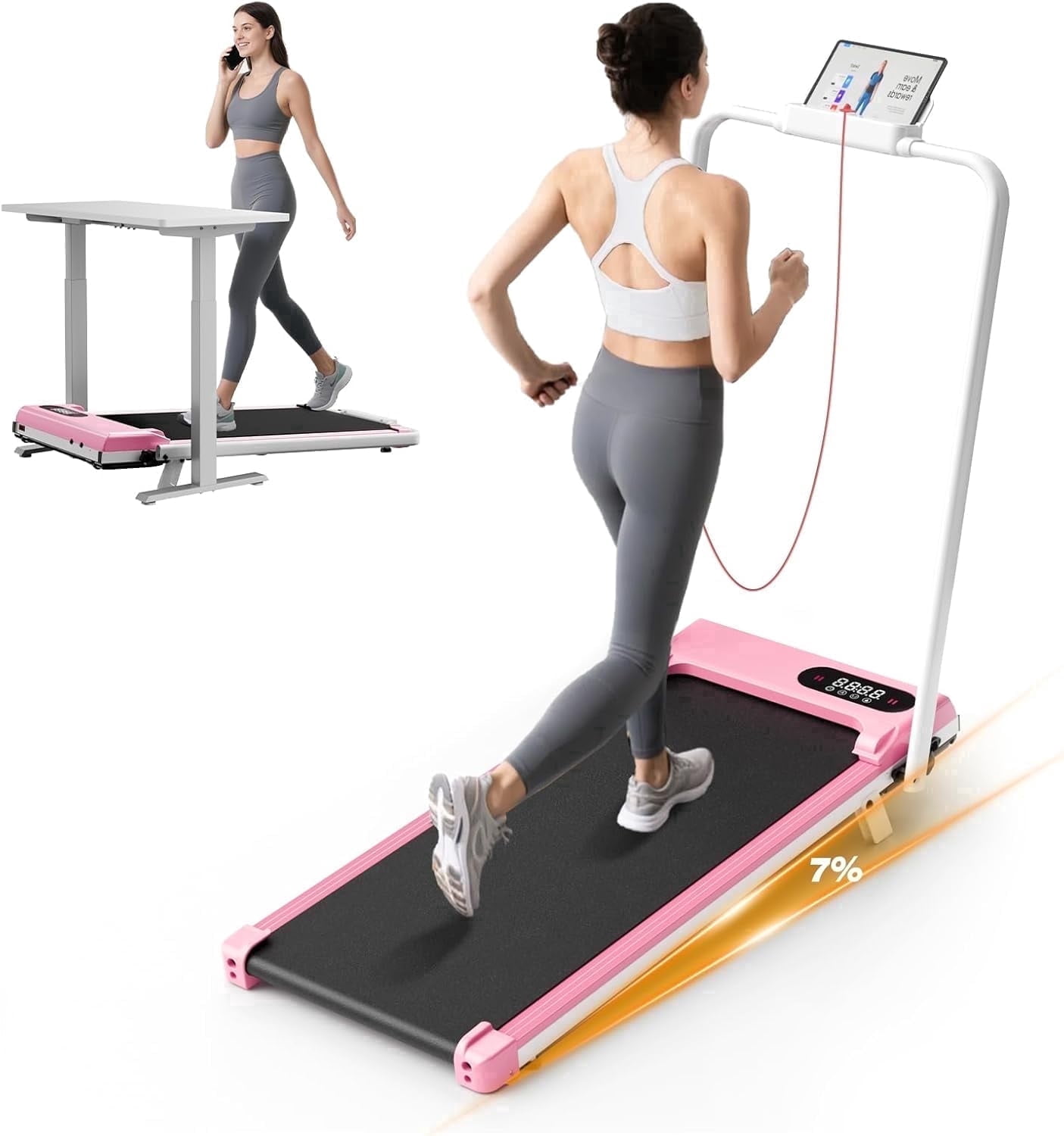 Evitormill 4 in 1 Foldable Treadmills with Handle/Handrails - 2.5HP Low Noise Folding Walking Pad, Supports 265 Lbs (Pink)