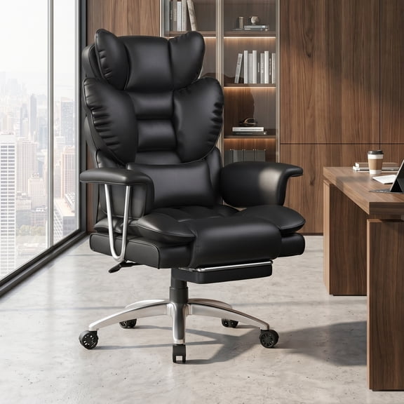 Bigzzia Big and Tall PU Leather Office Chair with Footrest, High Back Executive Office Chair with Lumbar Support and Adjustable Headrests, Black