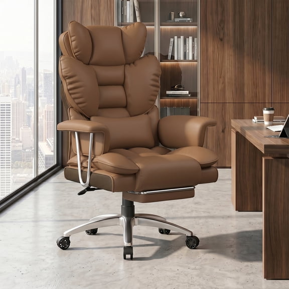 Bigzzia Big and Tall PU Leather Office Chair with Footrest, High Back Executive Office Chair with Lumbar Support and Adjustable Headrests, Brown