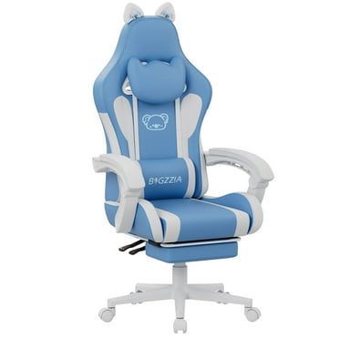 Bigzzia Gaming Chair with Cat Ears and Massage Lumbar Support, Linkage Armrests and Footrest, Ergonomic Computer Chair for Girl with Footrest and Headrest, Blue & White