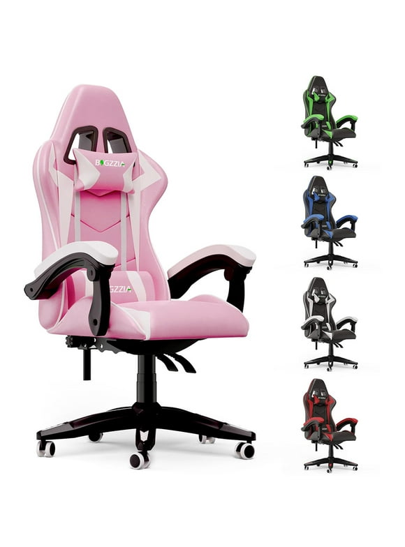 Bigzzia Gaming Chair, Computer with Lumbar Support Height Adjustable with 360-Swivel Seat and Headrest for Office or Gaming (Pink)