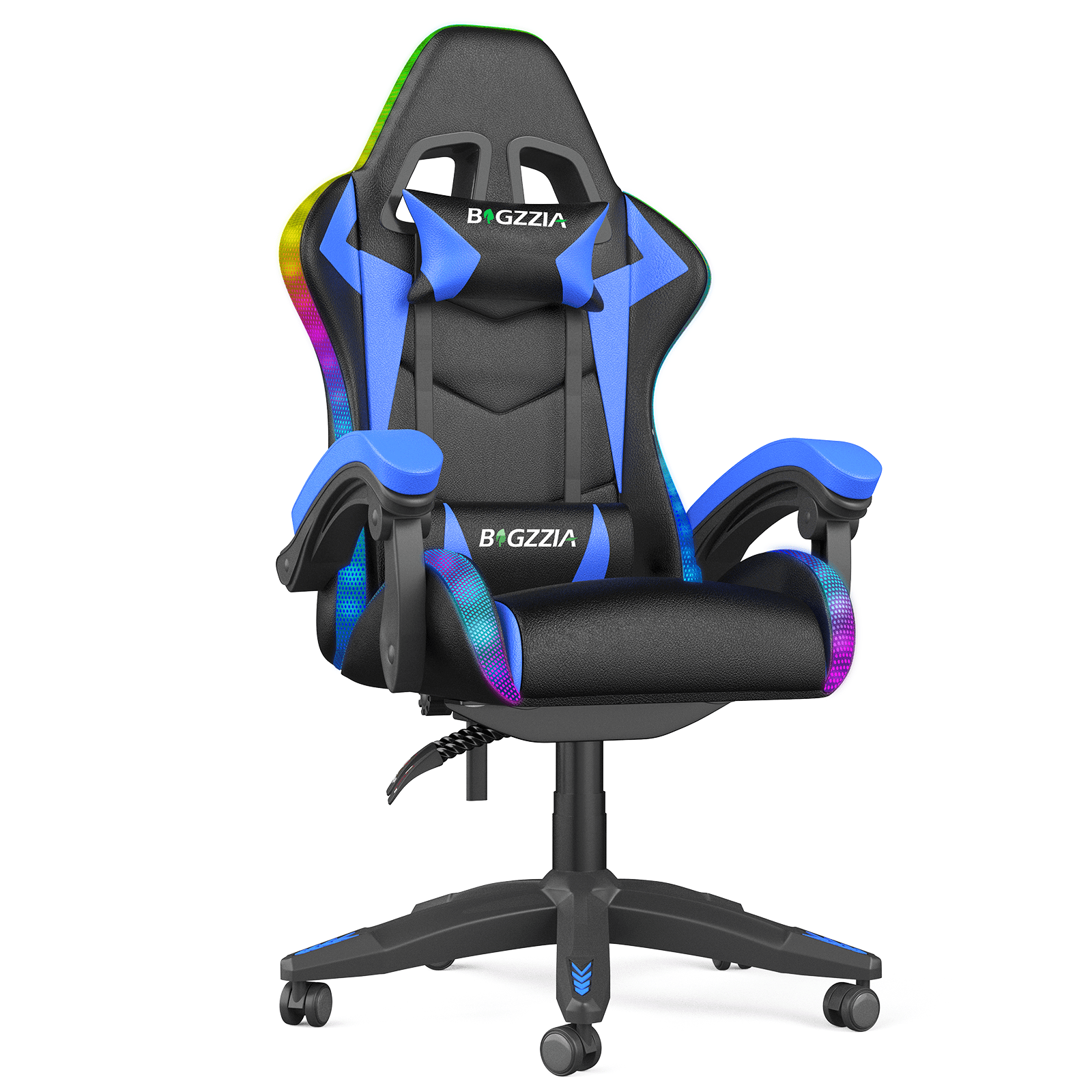Bigzzia Gaming Chair with LED Lights Ergonomic Office Chair for Adults and Kids - Adjustable Height, 360° Swivel, Headrest Support, Mesh PU Leather, Black & Blue