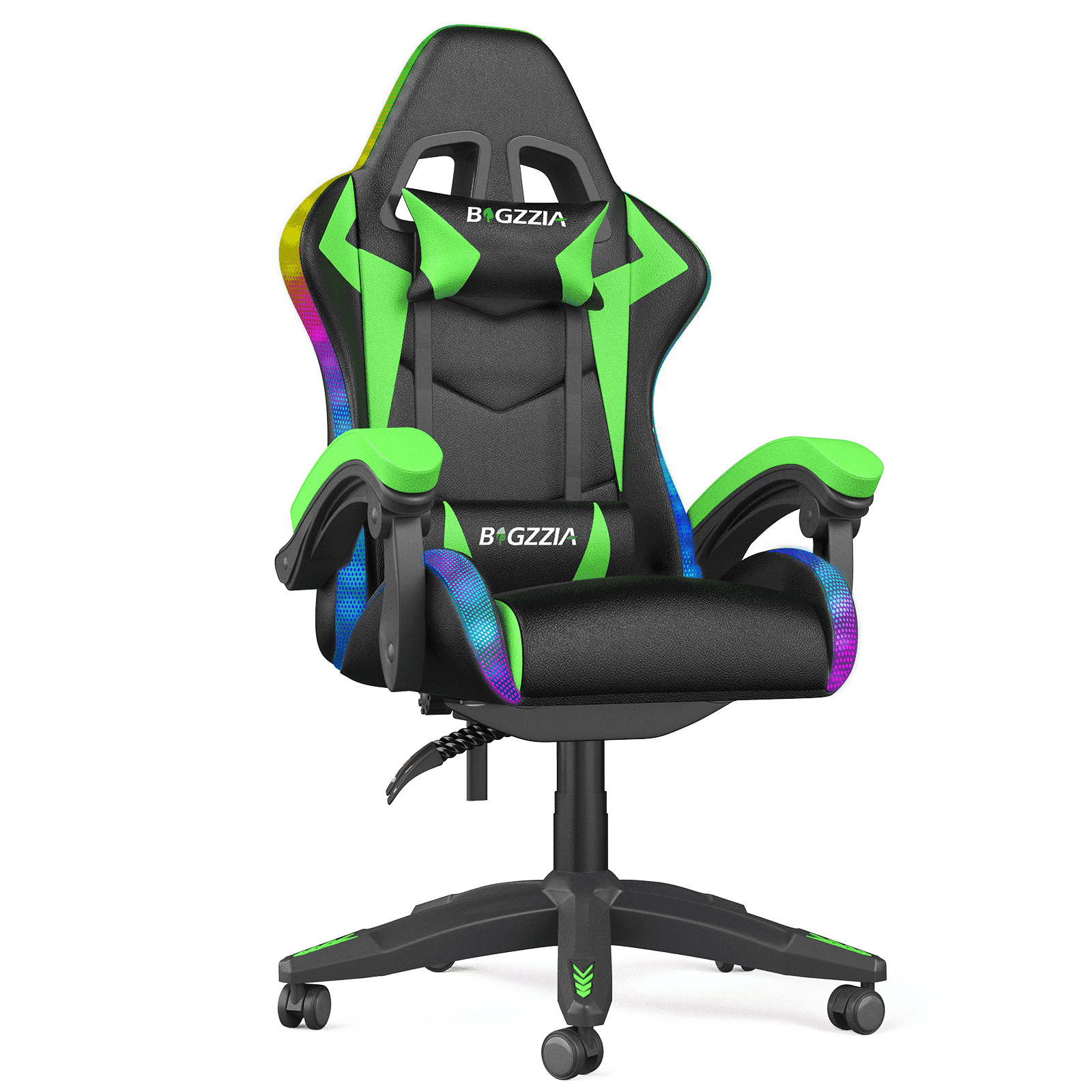 Bigzzia Gaming Chair with LED Lights Ergonomic Office Chair for Adults and Kids - Adjustable Height, 360° Swivel, Headrest Support, Mesh PU Leather, Black & Green