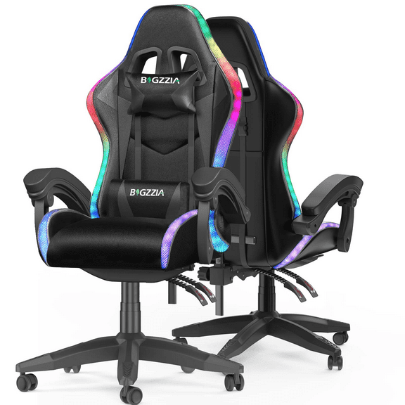 Bigzzia Gaming Chair with LED RGB Lights,PU Leather Computer Chair with Adjustable Lumbar Support,High Back Video Game Chair with Swivel Seat and Headrest, Black