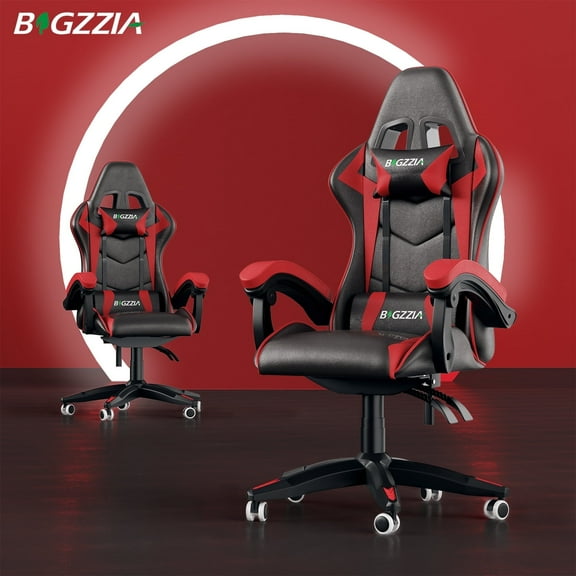 Bigzzia Gaming Chair Office Chair, Ergonomic Game Chair with Headrest & Lumbar Pillow, Black Red