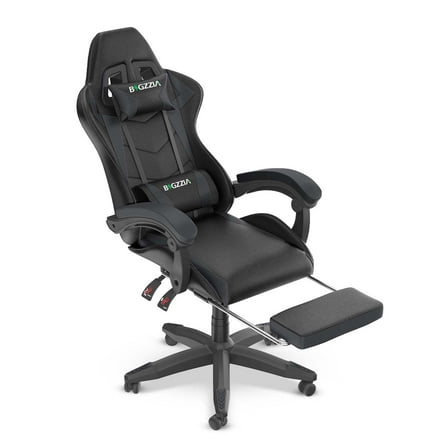 Bigzzia Gaming Chair with Footrest, Ergonomic Game Chair with Lumbar Support & Headrest, Height Adjustable with 360°Swivel Wheels, Black