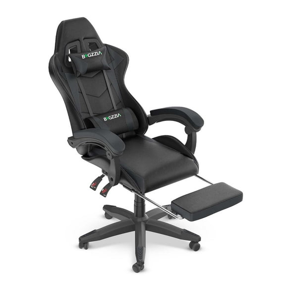 Bigzzia Gaming Chair with Footrest, Ergonomic Game Chair with Lumbar Support & Headrest, Height Adjustable with 360°Swivel Wheels, Black