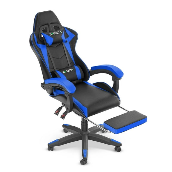Bigzzia Gaming Chair with Footrest, PU Leather with Lumbar Support & Headrest, Height Adjustable, Blue