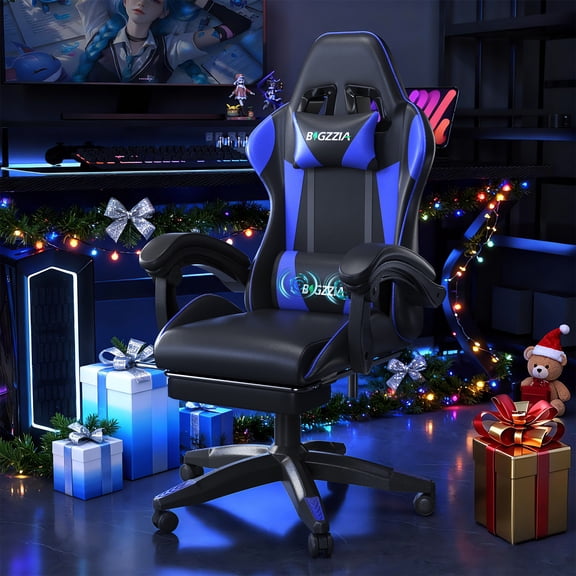Bigzzia Gaming Chair with Massage & Footrest, PU Leather Game Chair with Lumbar Support & Headrest, Height Adjustable, Blue