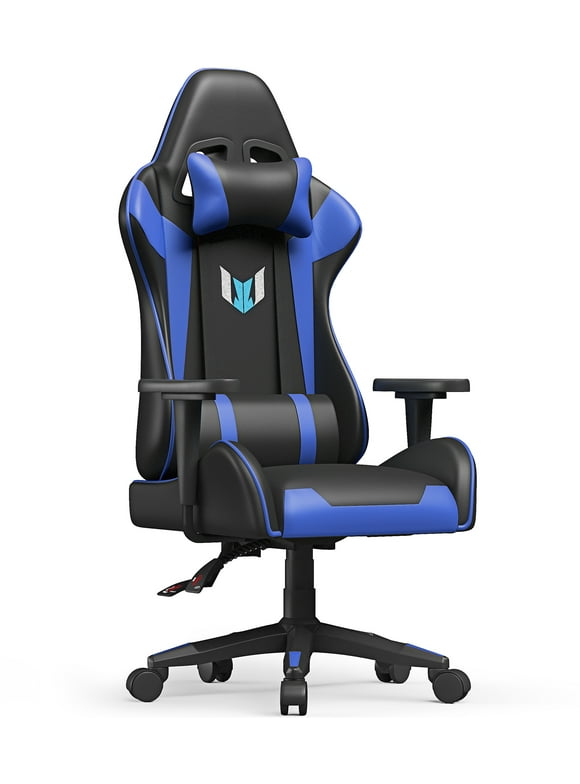 Bigzzia Gaming Chair with Height Adjustable Headrest and Lumbar Support for Adults Teens, Black Blue