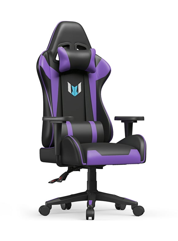 Bigzzia Gaming Chair with Height Adjustable Headrest and Lumbar Support for Adults Teens, Black Purple