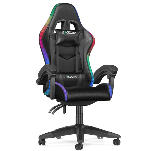 Bigzzia Gaming Chair with LED Lights, Adjustable Headrest & Lumbar Support, Height Adjustable, Black