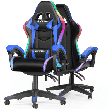 Bigzzia Gaming Chair with LED Lights, Computer Chair with Lumbar Support, Ergonomic High Back Video Game Chair with Swivel Seat and Headrest, Blue