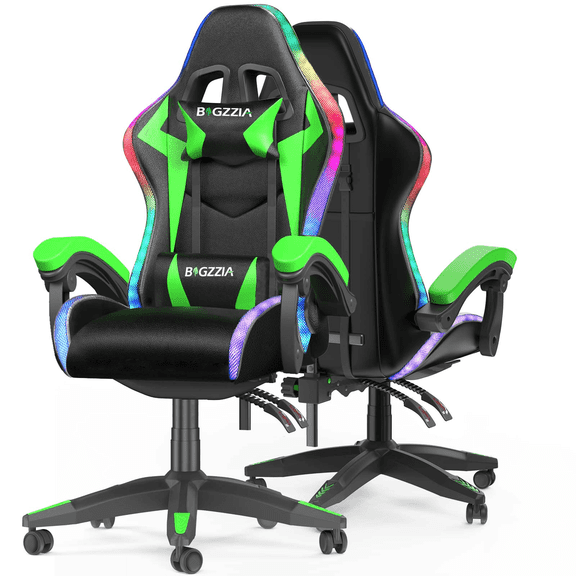 Bigzzia Gaming Chair with LED Lights, Computer Chair with Lumbar Support, Ergonomic High Back Video Game Chair with Swivel Seat and Headrest, Green