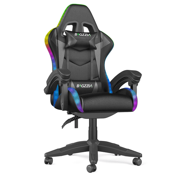 Bigzzia Gaming Chair with LED Lights Ergonomic Computer Chair with Adjustable Headrest and Lumbar Support, PU Leather, Pure Black