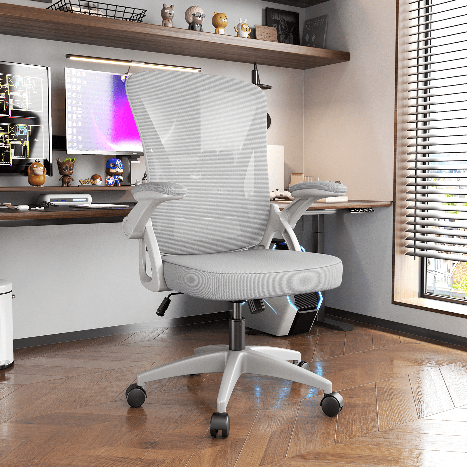 Biggzia Ergonomic Office Chair, Mid-Back Computer Chair with Adjustable Height, Flip-Up Arms and Lumbar Support, Mesh Desk Chair, Gray
