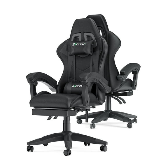 Bigzzia Lumbar Support Gaming Chair with Footrest and 360° Swivel, Black