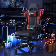Bigzzia PU Leather Gaming Chair, Height Adjustable Computer Chair with Footrest & Massage Lumbar Support, Red