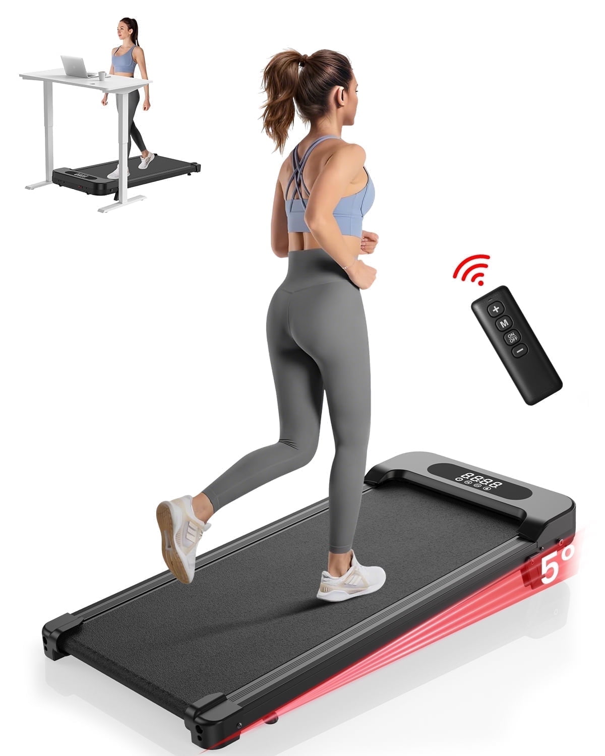 AQUVII Incline Walking Pad, 4 in 1 Under Desk Treadmill with Remote Control and LED Display, Compact Treadmill for Home & Office, Black