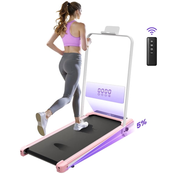 5% Foldable Walking Pad,5 in 1 Under Desk Treadmill with Remote Control and LED Display, 330lb Capacity, Compact & Small Treadmill for Home & Office,Pink
