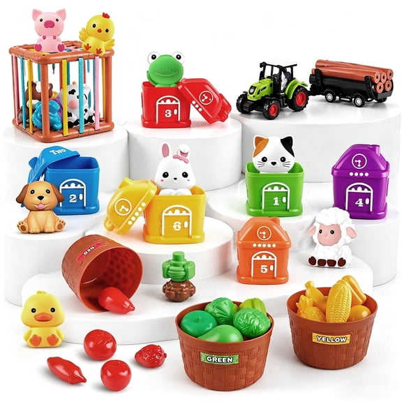 Biiend 4-in-1 Montessori Farm Toddler Toy, Educational Learning Set with Animals, Fruits & Vegetables, Sensory Cube, Blocks & Trucks, Fine Motor Skills Toy for Boys Girls Age 1-3