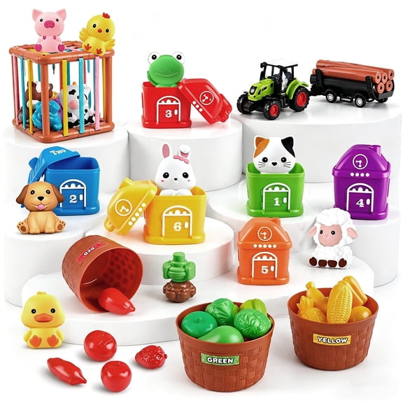 Biiend 4-in-1 Montessori Farm Toddler Toy, Educational Learning Set with Animals, Fruits & Vegetables, Sensory Cube, Blocks & Trucks, Fine Motor Skills Toy for Boys Girls Age 1-3