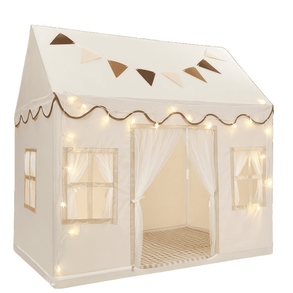 Biiend Kids Play Tent with Mat, House Theme Playhouse with Star Lights and Flags, Indoor Outdoor Tent, Cream, 50 x 34 x 51 inch, Ages 3+