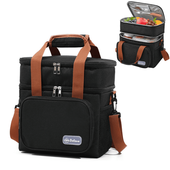 Biiend Large Insulated Lunch Bag for Men and Women, Dual-Compartment Oxford Cloth Lunch Box with Adjustable Shoulder Strap, Leak-Resistant Cooler Bag for Work, Picnic and Travel, Black
