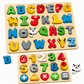 Biiend Wooden Alphabet and Number Puzzle Set, ABC Letters, Numbers and Math Symbols Learning Board, Animal Theme Puzzle, Ages 3+