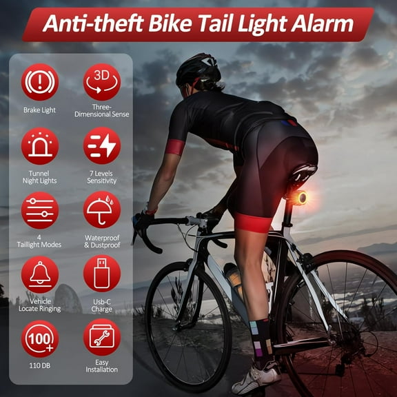 Bike Alarm with Remote, Tail Light & Brake Light, 110dB Anti-Theft Vibration Sensor, USB-C Rechargeable for Bike, Ebike, Scooter