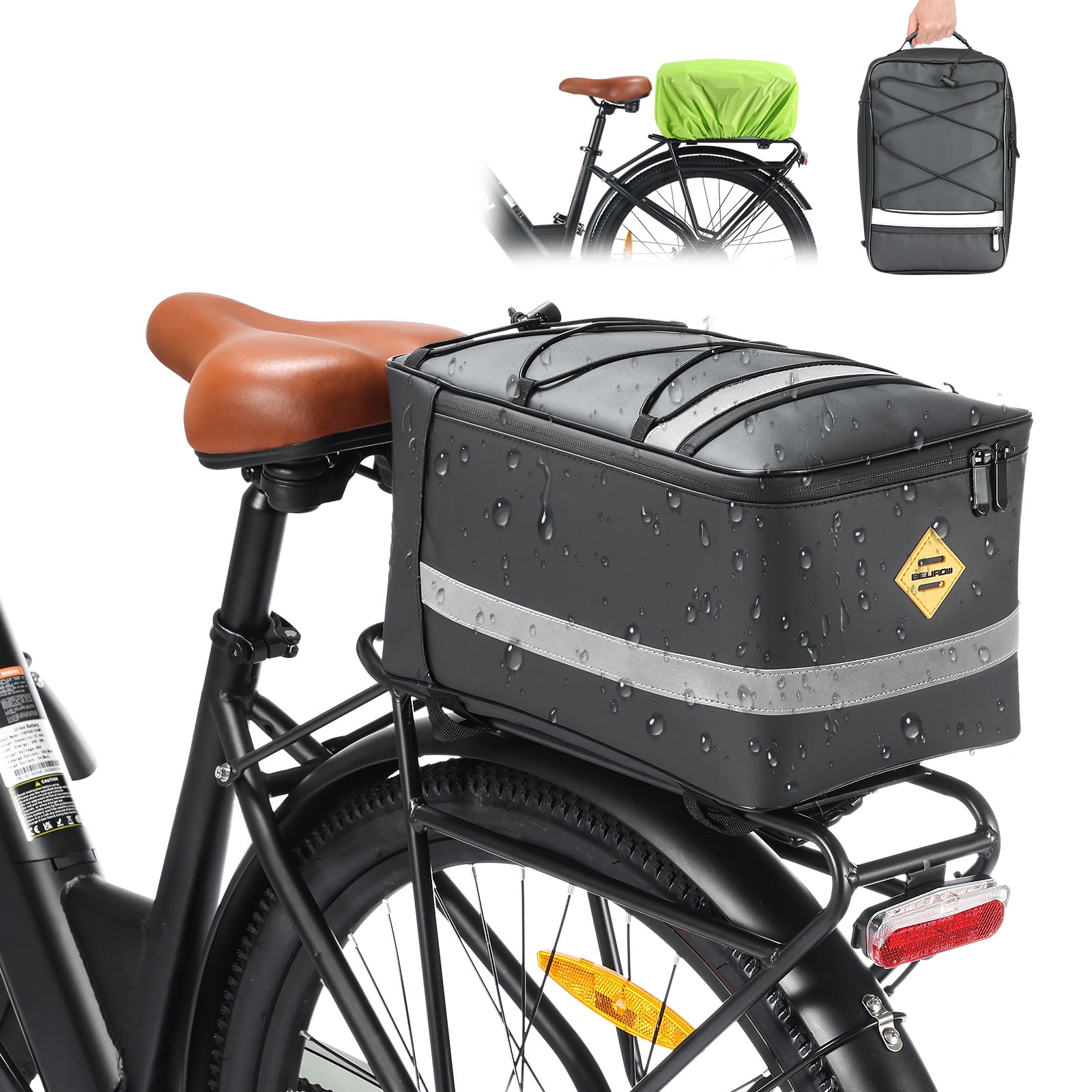 bag for eltric bike in the rain RAINSMORE Bags Bicycle Rear Rack 15L Waterproof Bike Ebike Trunk Pannier Saddle with Cover Bike Accessories Backpack Shoulder Bag for Commuter Travel Outdoor, Black : Sports & the panniers are padded with a support board inside to maintain the shape and avoid entering the spokes Waterproof Rear Bike Rack Bag