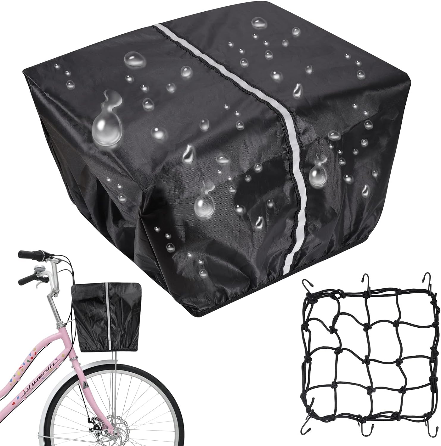 Bike Basket Cover with Cargo Net Waterproof Bicycle Basket Cover