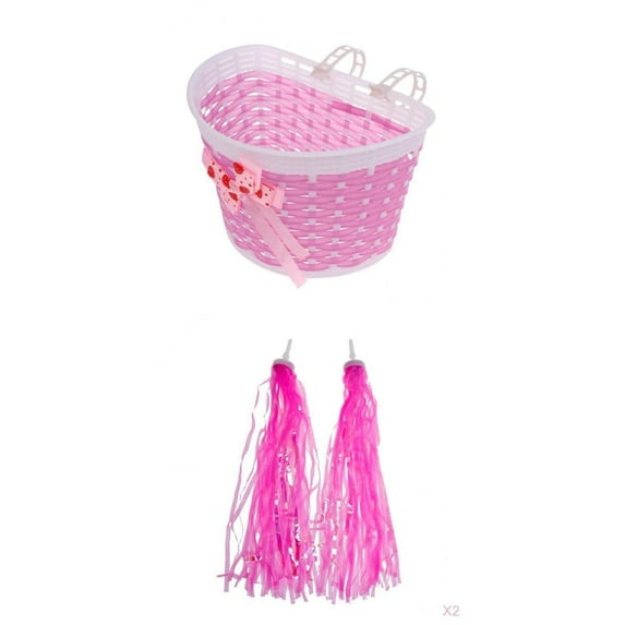 Bike Basket Front,Kids Bike Scooter Basket Shopping Bag, Tricycle Handle Decoration, Handlebar Handle Bar Tassel Streamer,Girl Scooter Decorative Tassels ,Bike Basket Pink