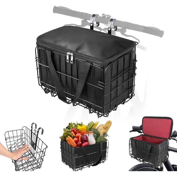Bike Basket Front/Rear, Thickened Shockproof Foldable Bicycle Basket with Waterproof Bag, Quick Release Design, Metal Bicycle Frame Basket for Adult Women Men