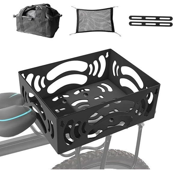Bike Basket Rear - Large Bike Baskets for Maximum Load 130LB, Structurally Sound Easy to Install Iron Panel with Waterproof Liner and Cargo Net - Durable&Flex-Resistant Ebike Rear Basket