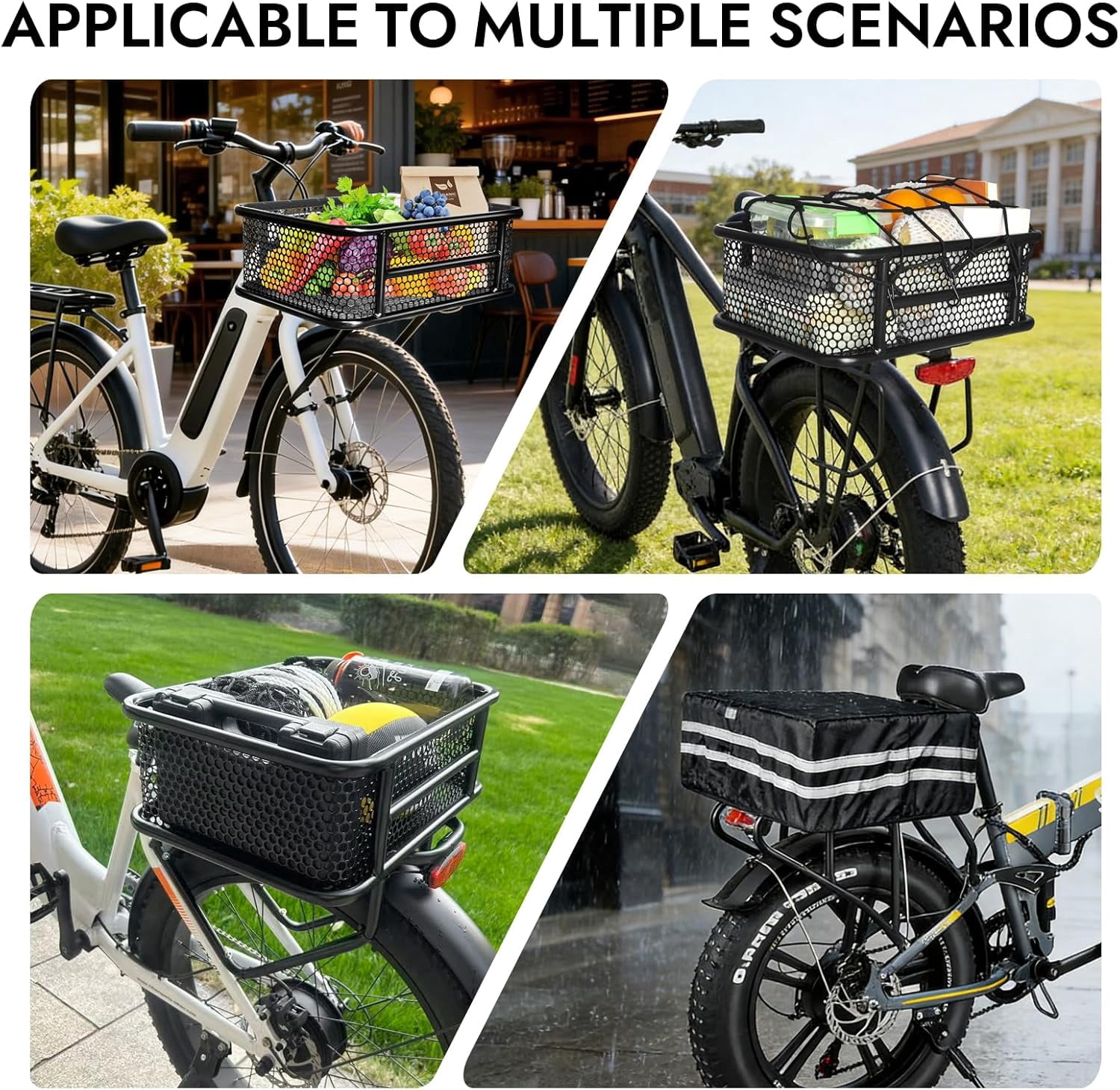 Bike Basket Rear with Reflective Waterproof Cover and Cargo Net, Perforated Design Large  Basket Fits for Electric Bike, Mounted Rear or Front Rack