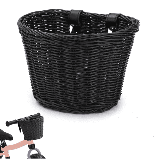 Bike Basket for Front Handlebar,Bicycle Handlebar Wicker Basket Bike Decoration with Leather Straps Accessories Basket-Black#04