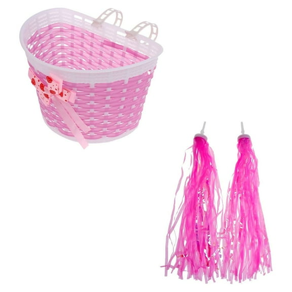 Bike Basket for Kids Front Bike Accessories for Kids Small Woven Wicker Cycling Ages 3-12, Pink