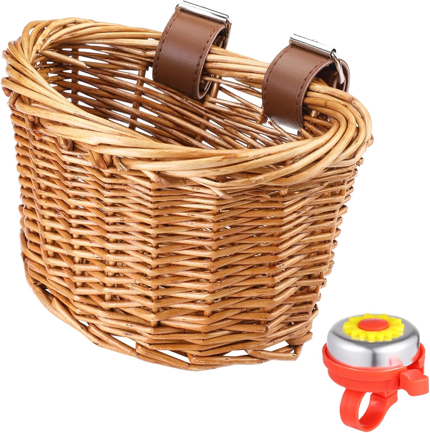 Bike Basket with Adjustable PU Belts, Handmade Woven Rattan Front Handle Basket for Bicycle