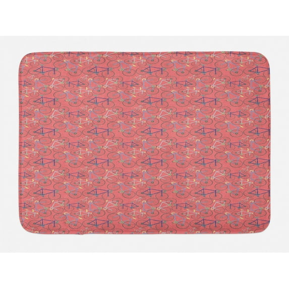 Bike Bath Mat, Vintage Themed Repetitive Pattern of Colorful Retro Racing Bicycles, Plush Bathroom Decor Mat with Non Slip Backing, 29.5" X 17.5", Coral and Multicolor, by Ambesonne