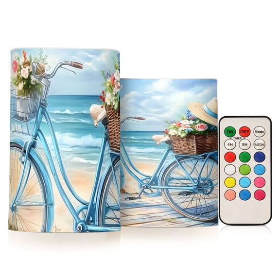 Bike Beach Flickering Flameless Candles Battery Operated with Remote Timer LED Pillar Candles Set of 2