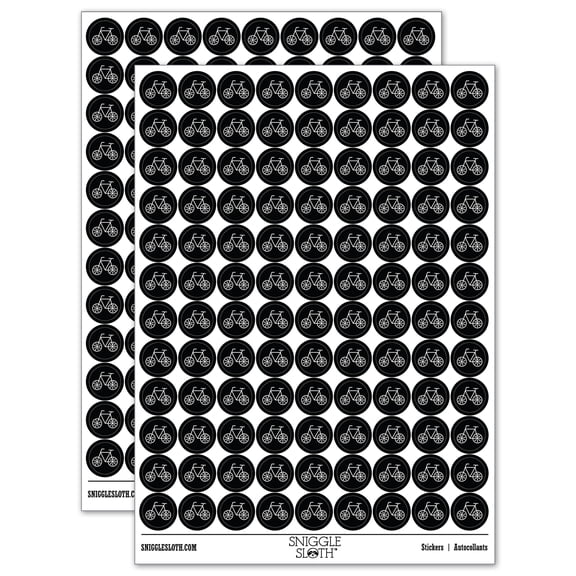 Bike Bicycle Doodle 200+ Round Stickers - Black - Gloss Finish - 0.50" Size