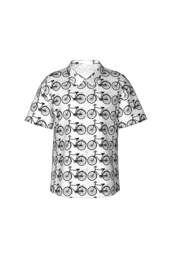 Bike Bicycle Pattern Hawaiian Shirts For Men, Summer Short-Sleeve Relaxed-Fit Button-Down Shirts Large