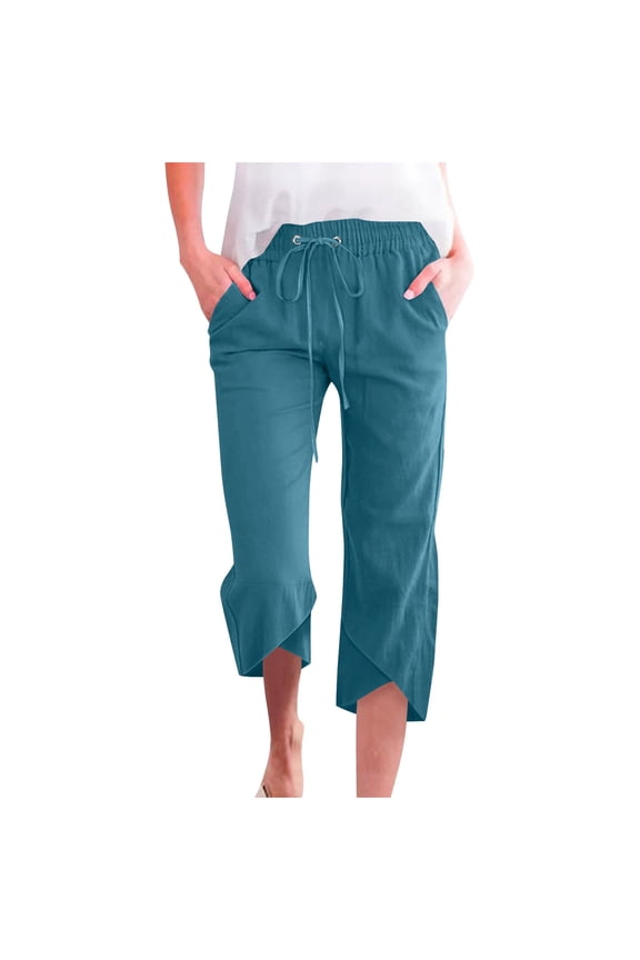 Bike Capris with Pockets Women New Womens Casual Color Elastic Loose Pants Straight Wide Leg Trousers with Pocket Style B-15 Sky Blue XXL