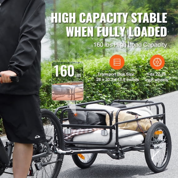 Bike Cargo Trailer 160 lbs Load Capacity Heavy-Duty Foldable Bicycle Wagon Cart with 16" Wheels Universal Hitch Reflectors Fits 22"-28" Bike Wheels Black
