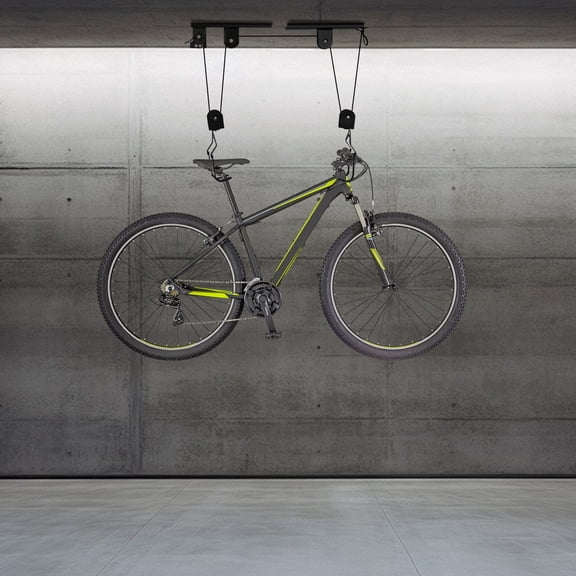 Bike Ceiling Lift Hoist with Mounting Brackets, Heavy Duty Garage Storage Hanger for Mountain Bikes, Space Saving Bicycle Overhead Rack with Adjustable Ropes for Home and Workshop
