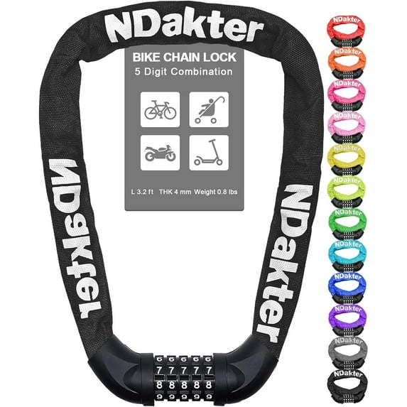 Bike Chain Lock, 5 Digit Combination Heavy Duty Anti Theft Bicycle Chain Lock,2.62/3.2/4.27/5/6Ft Long Security Resettable Bike Locks for Bike, Bicycle, Scooter, Door, Gate, Fence-4/6mm Thick