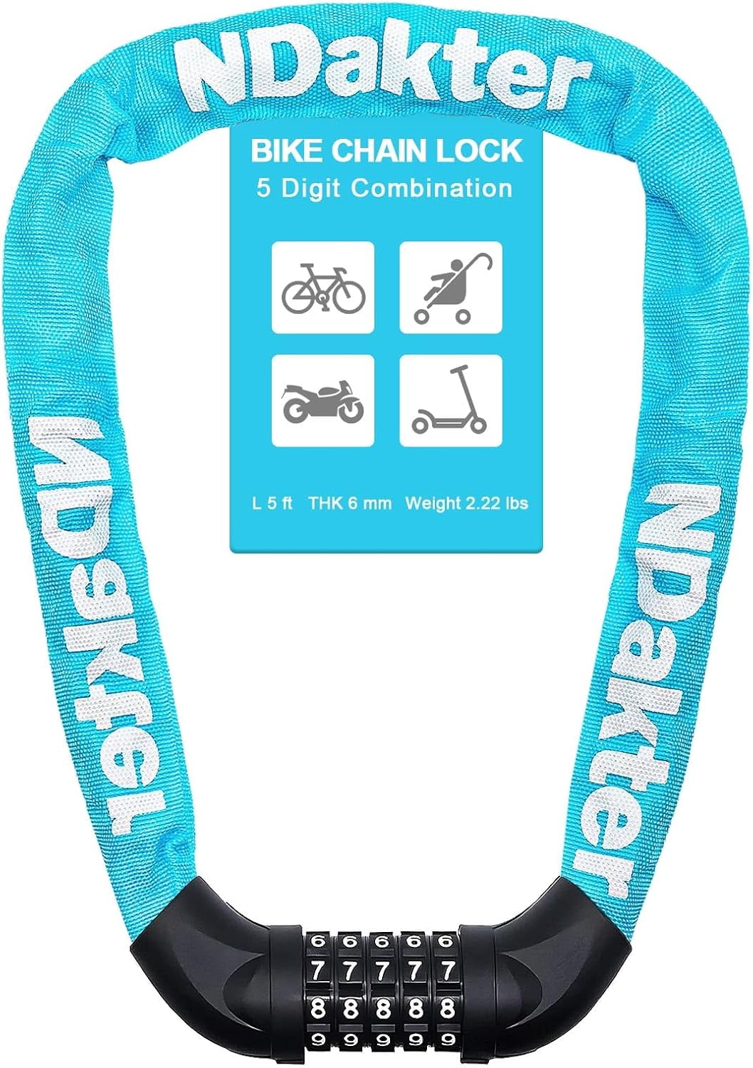 Bike Chain Lock, 5 Digit Combination Heavy Duty Anti Theft Bicycle Chain Lock,2.62/3.2/4.27/5/6Ft Long Security Resettable Bike Locks for Bike, Bicycle, Scooter, Door, Gate, Fence-4/6mm Thick