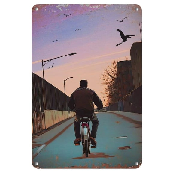 Bike Chase Metal Wall Art - 8x12" Iron Print with Kid on Bike & Monster Truck, Perfect for Living Room, Bedroom Decor or Gift